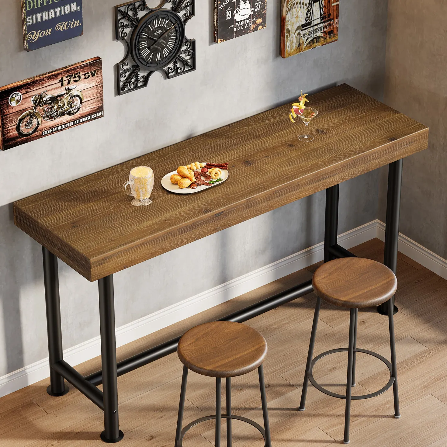 63" Solid Wood Bar Table, Rectangular Counter Height Pub Table with Metal Legs