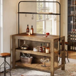 47" Solid Wood Bar Table, 3-Tier Home Bar Unit with Storage Shelves & 5 Hooks