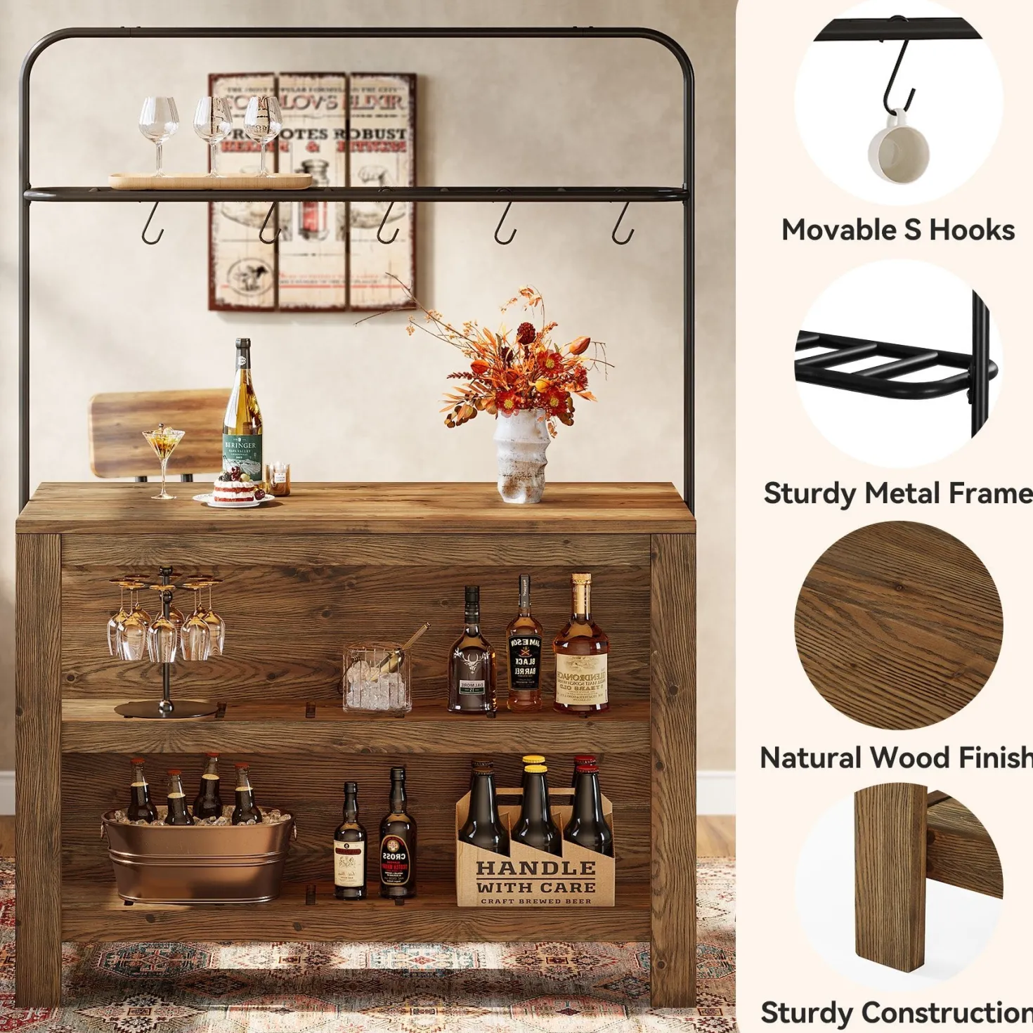 47" Solid Wood Bar Table, 3-Tier Home Bar Unit with Storage Shelves & 5 Hooks