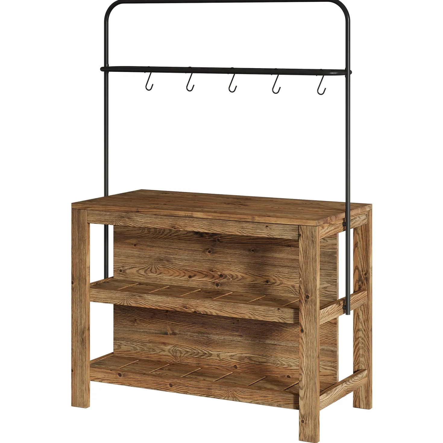 47" Solid Wood Bar Table, 3-Tier Home Bar Unit with Storage Shelves & 5 Hooks