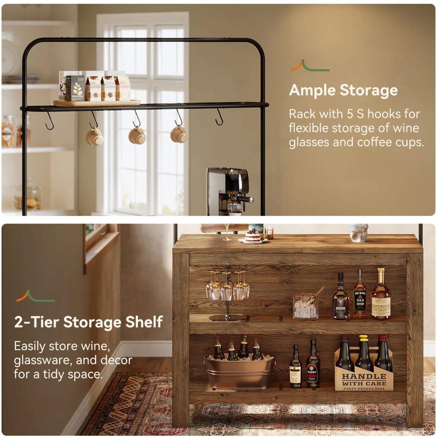 47" Solid Wood Bar Table, 3-Tier Home Bar Unit with Storage Shelves & 5 Hooks