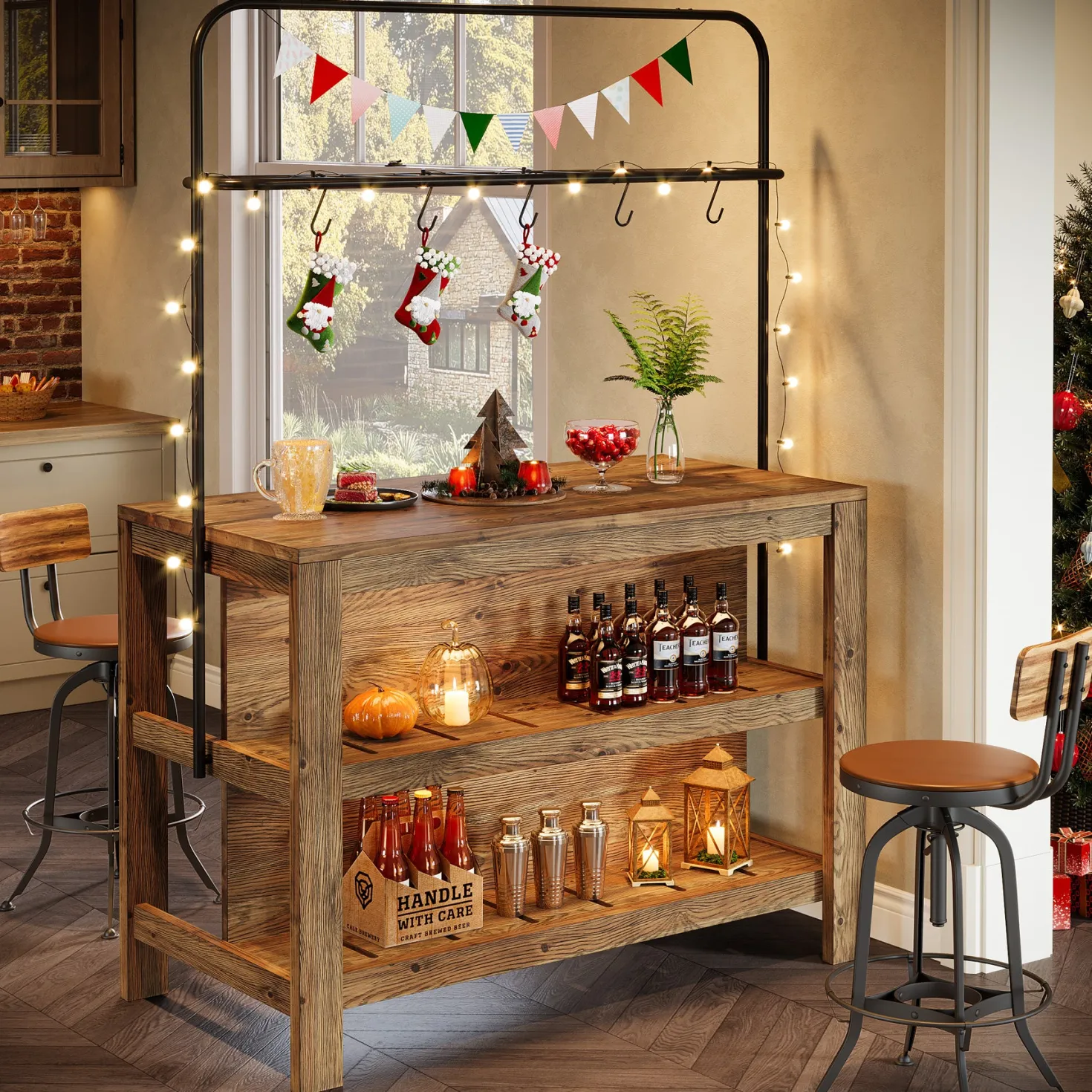 47" Solid Wood Bar Table, 3-Tier Home Bar Unit with Storage Shelves & 5 Hooks