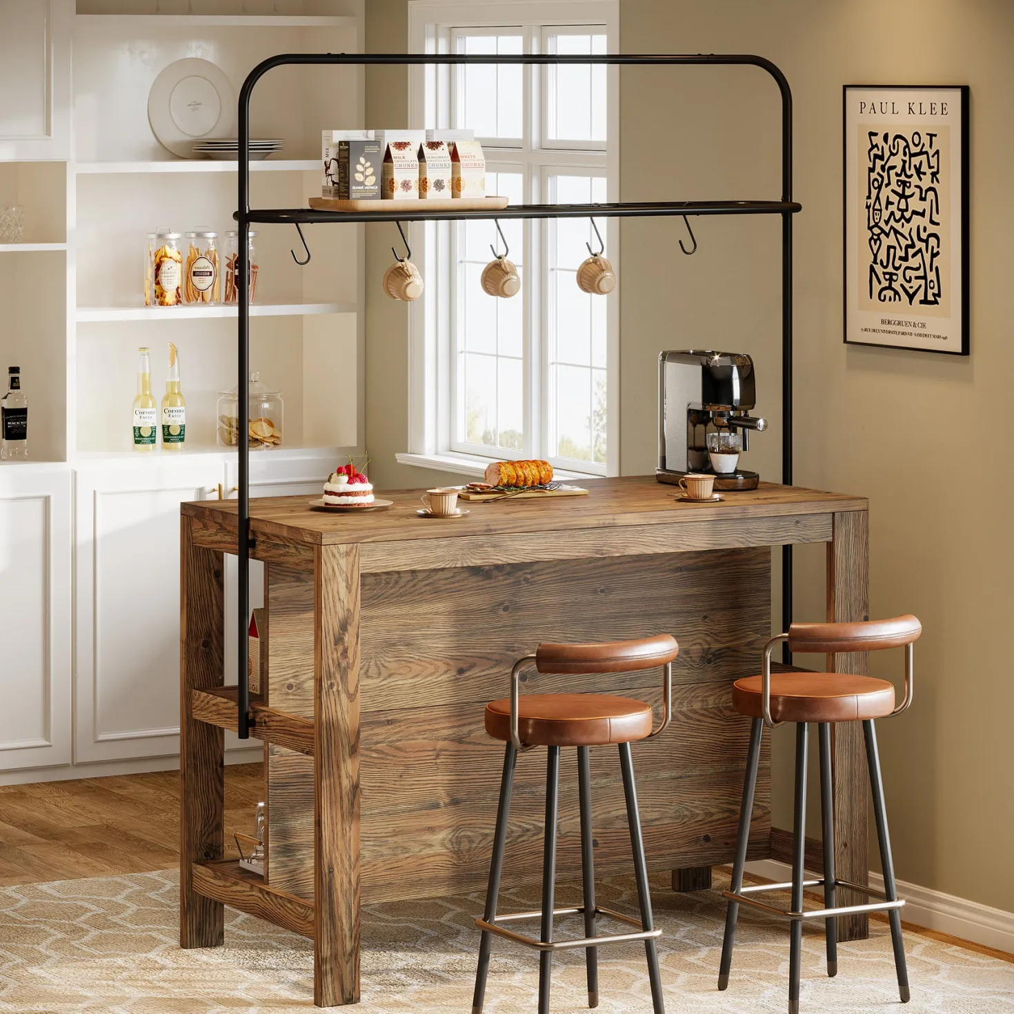 47" Solid Wood Bar Table, 3-Tier Home Bar Unit with Storage Shelves & 5 Hooks