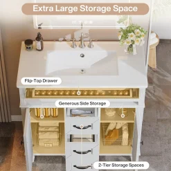 35" Solid Wood Bathroom Vanity, Freestanding Vanity Cabinet with Tip-Out Drawer