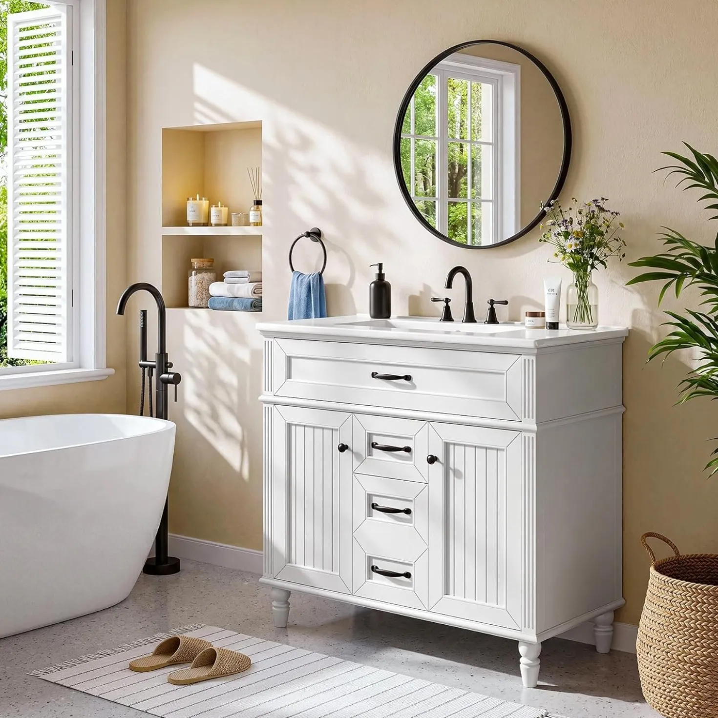 35" Solid Wood Bathroom Vanity, Freestanding Vanity Cabinet with Tip-Out Drawer