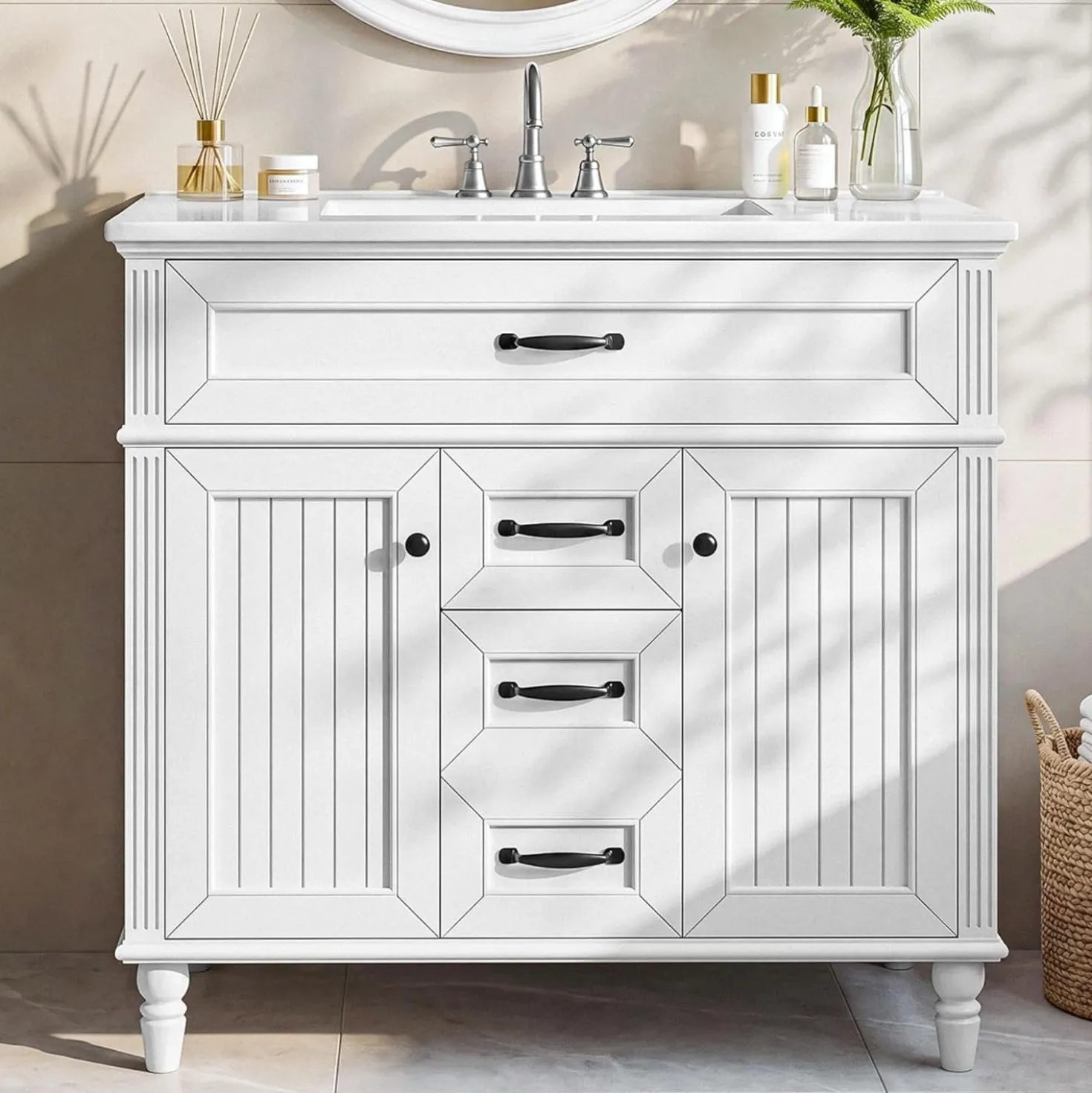 35" Solid Wood Bathroom Vanity, Freestanding Vanity Cabinet with Tip-Out Drawer