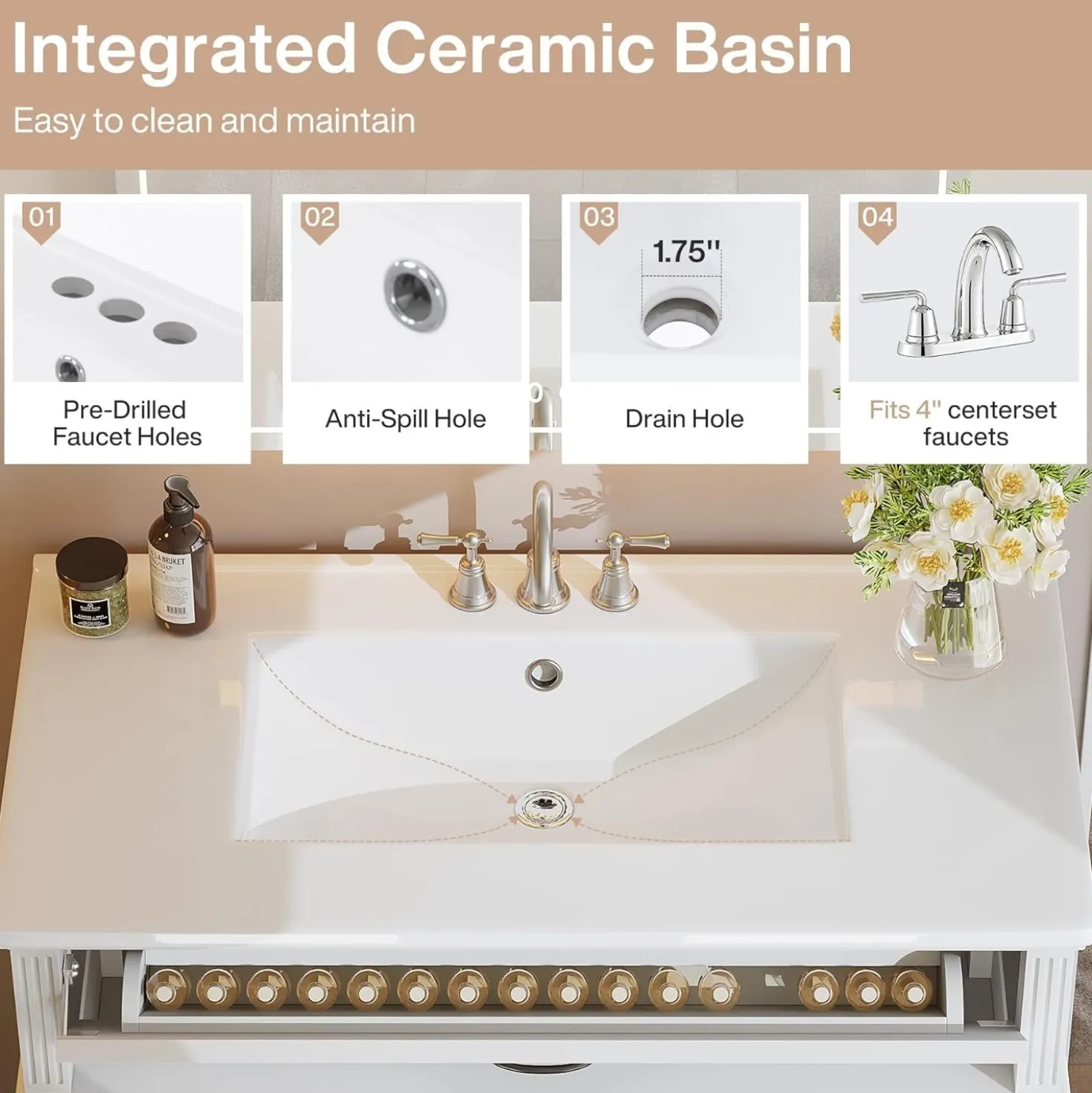 35" Solid Wood Bathroom Vanity, Freestanding Vanity Cabinet with Tip-Out Drawer
