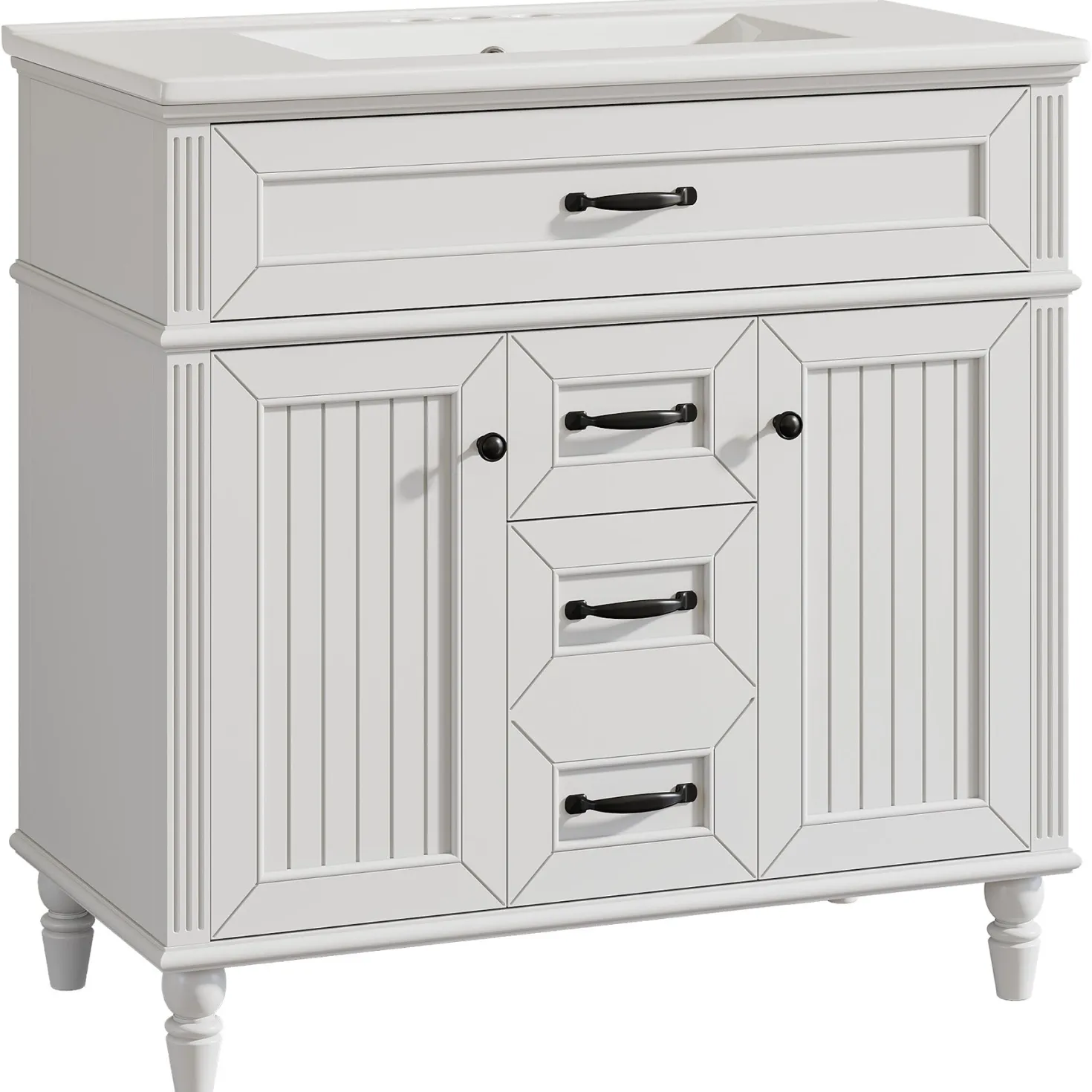 35" Solid Wood Bathroom Vanity, Freestanding Vanity Cabinet with Tip-Out Drawer