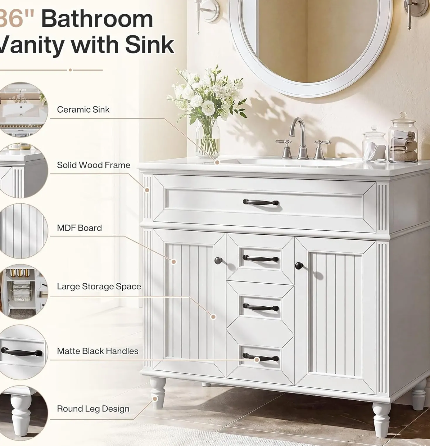 35" Solid Wood Bathroom Vanity, Freestanding Vanity Cabinet with Tip-Out Drawer