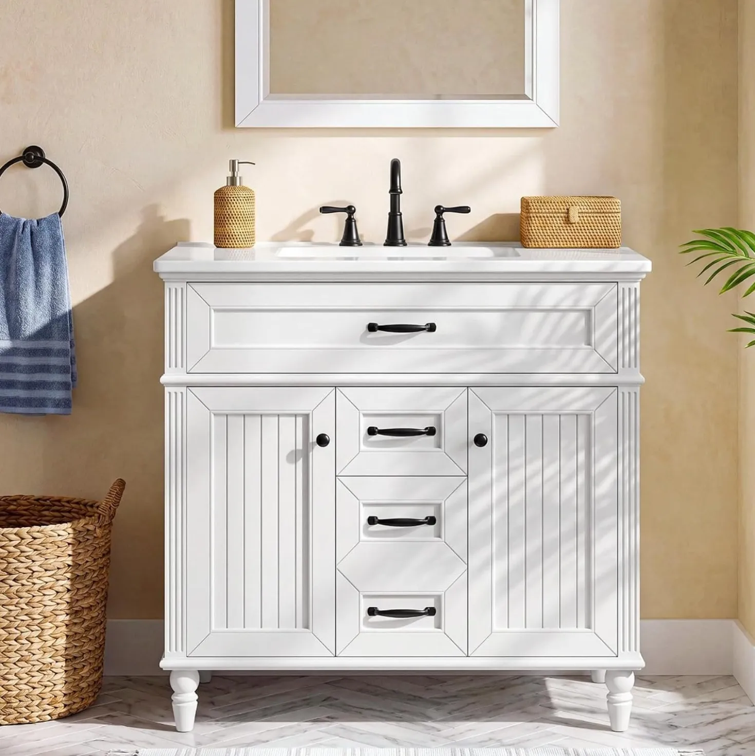35" Solid Wood Bathroom Vanity, Freestanding Vanity Cabinet with Tip-Out Drawer