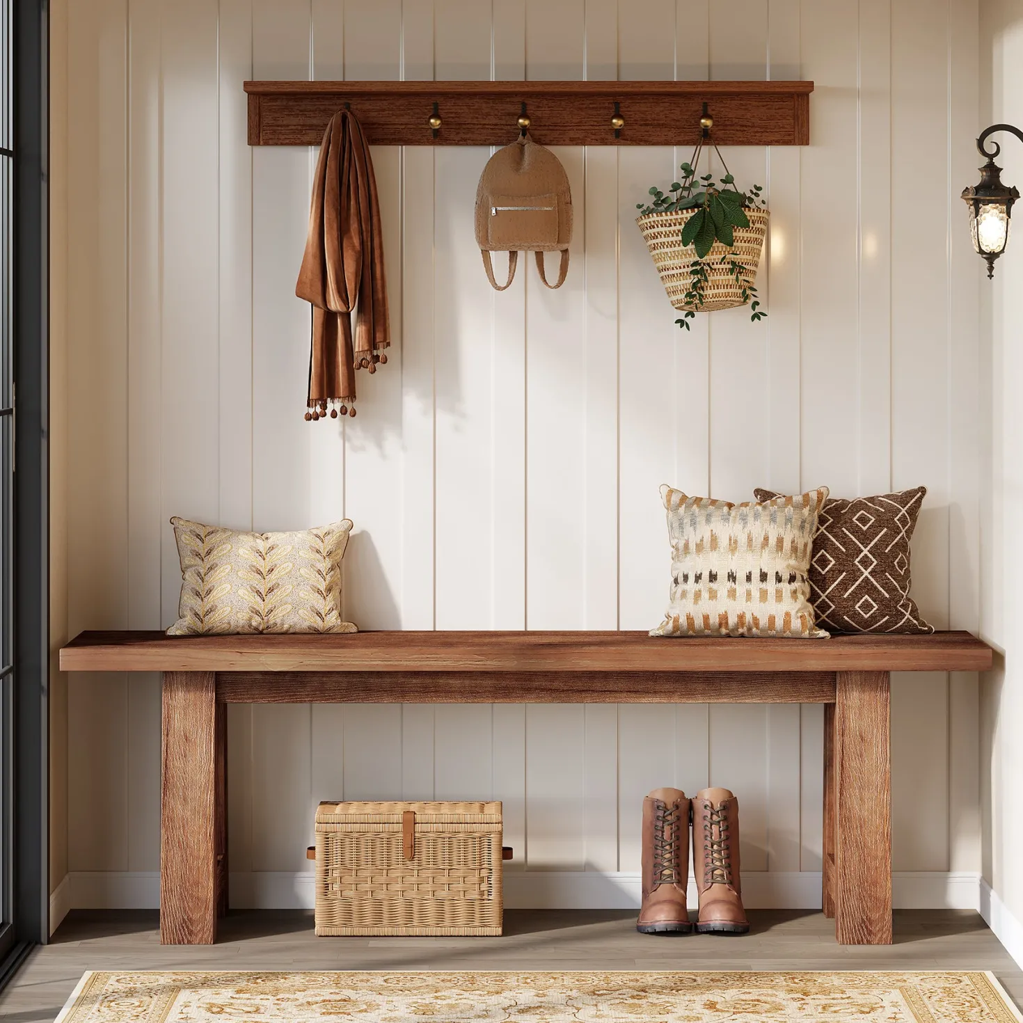 55" Solid Wood Bench, Farmhouse Shoe Entryway Bench for Living Room