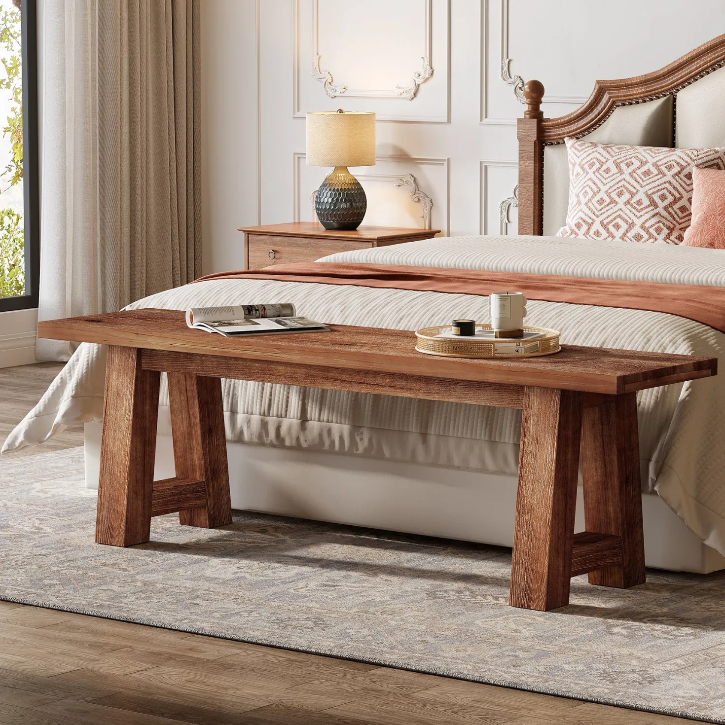 55" Solid Wood Bench, Farmhouse Shoe Entryway Bench for Living Room
