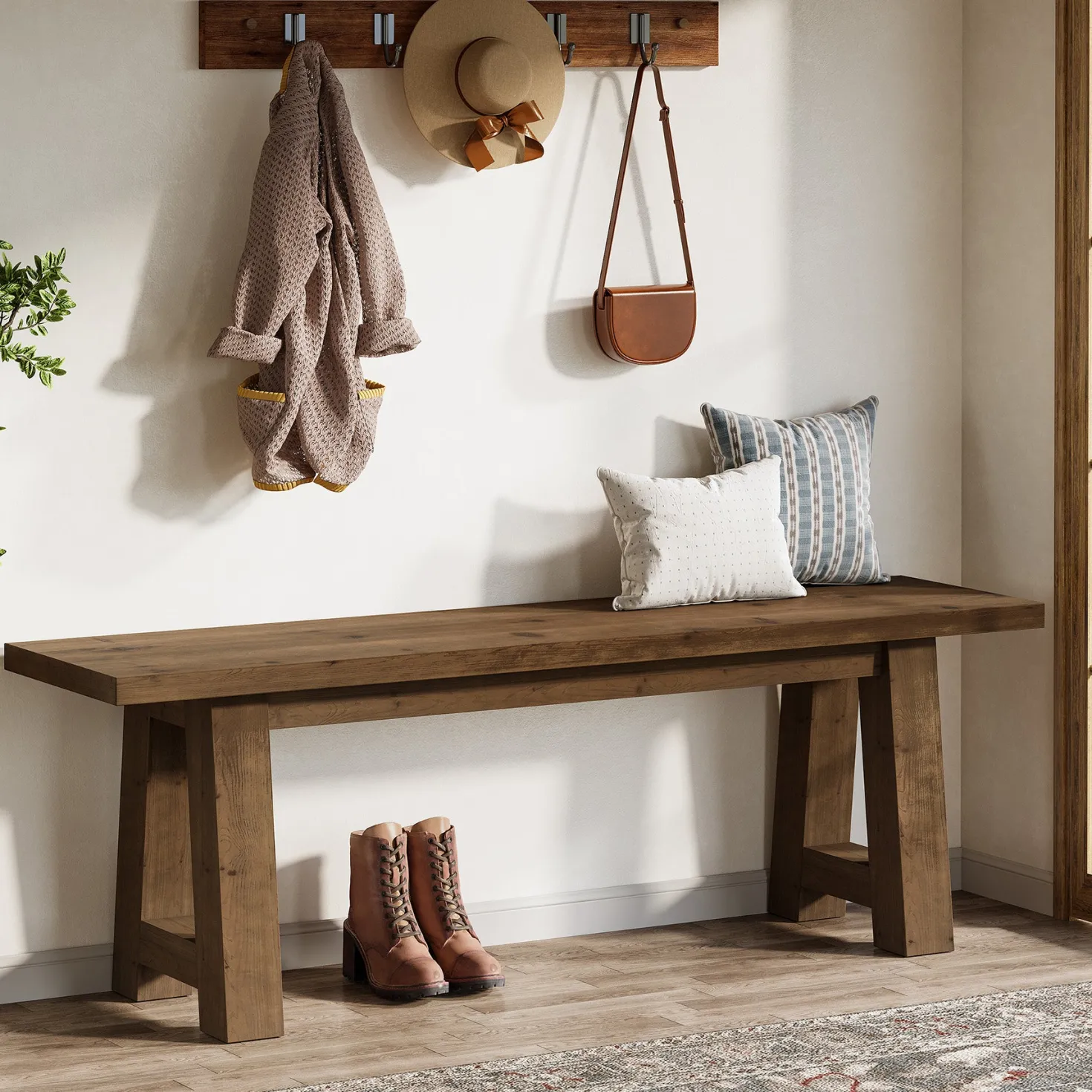 55" Solid Wood Bench, Farmhouse Shoe Entryway Bench for Living Room