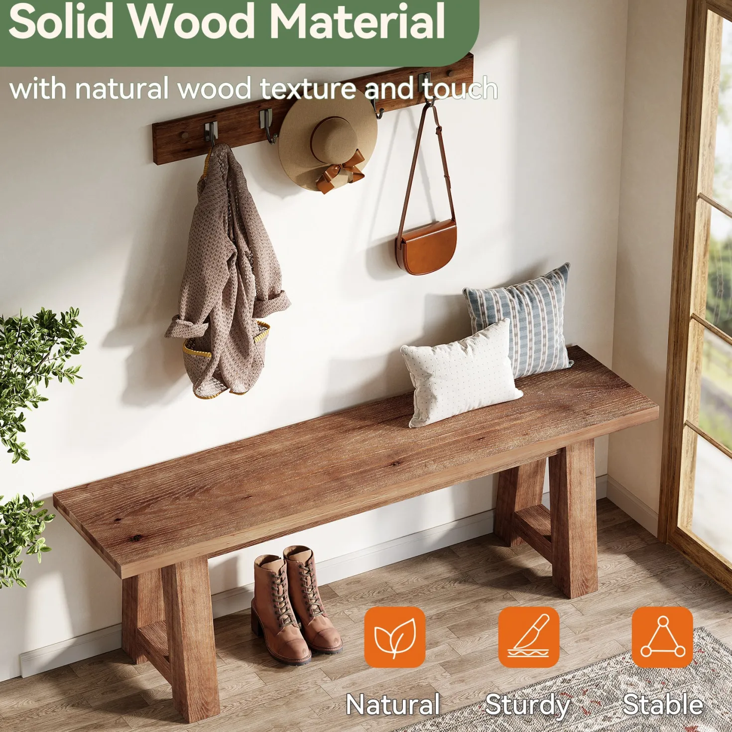 55" Solid Wood Bench, Farmhouse Shoe Entryway Bench for Living Room