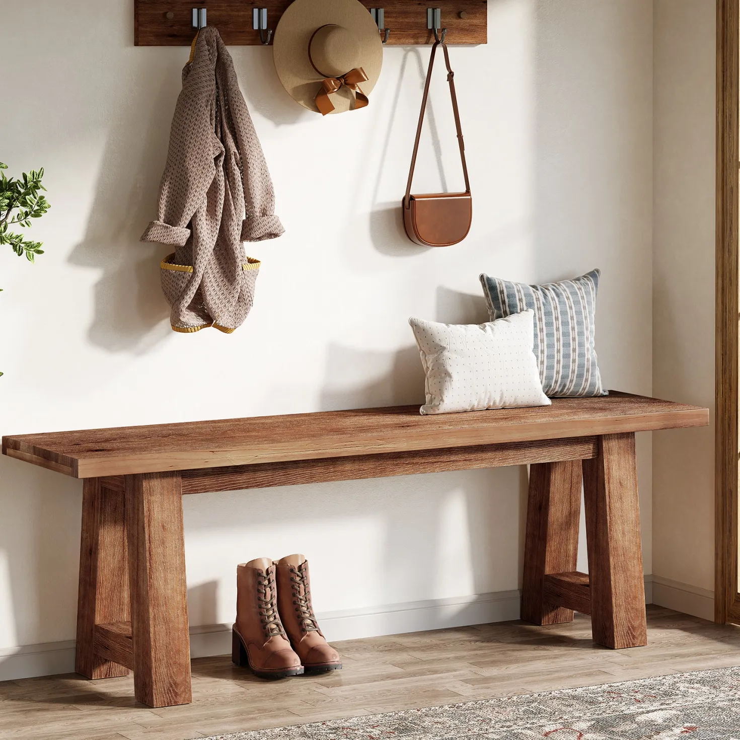 55" Solid Wood Bench, Farmhouse Shoe Entryway Bench for Living Room