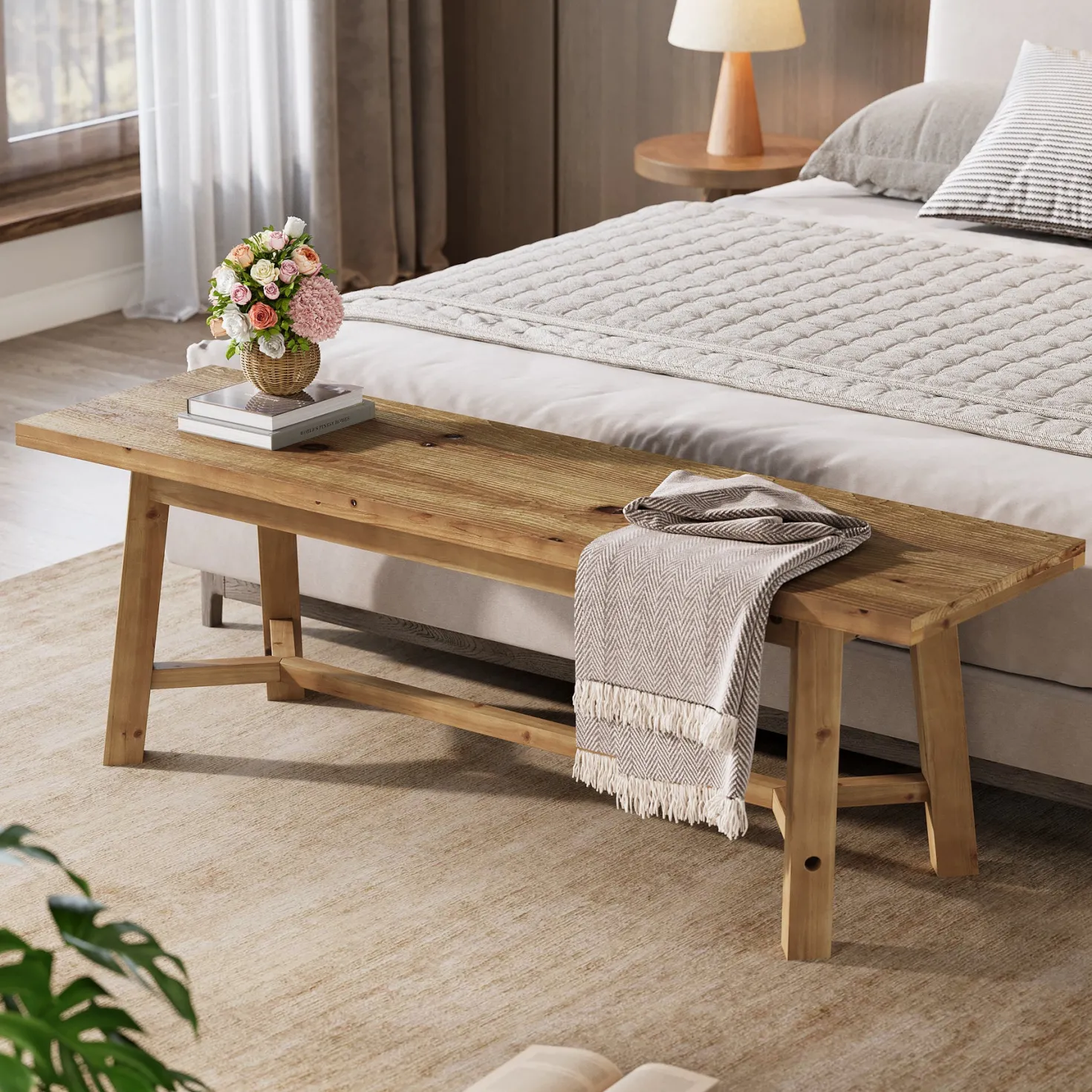 55" Solid Wood Bench, Farmhouse Long Bench Seat for Entryway
