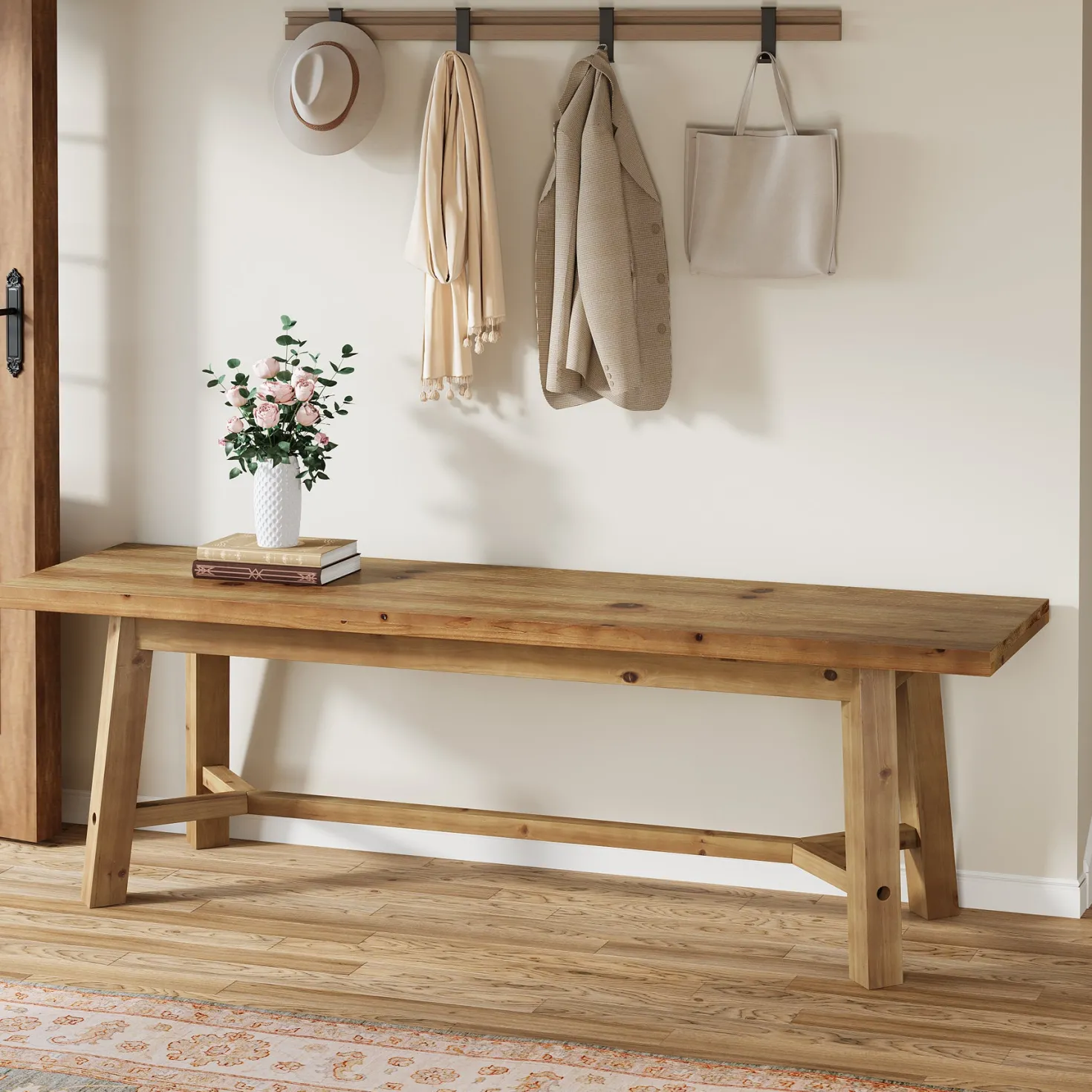 55" Solid Wood Bench, Farmhouse Long Bench Seat for Entryway