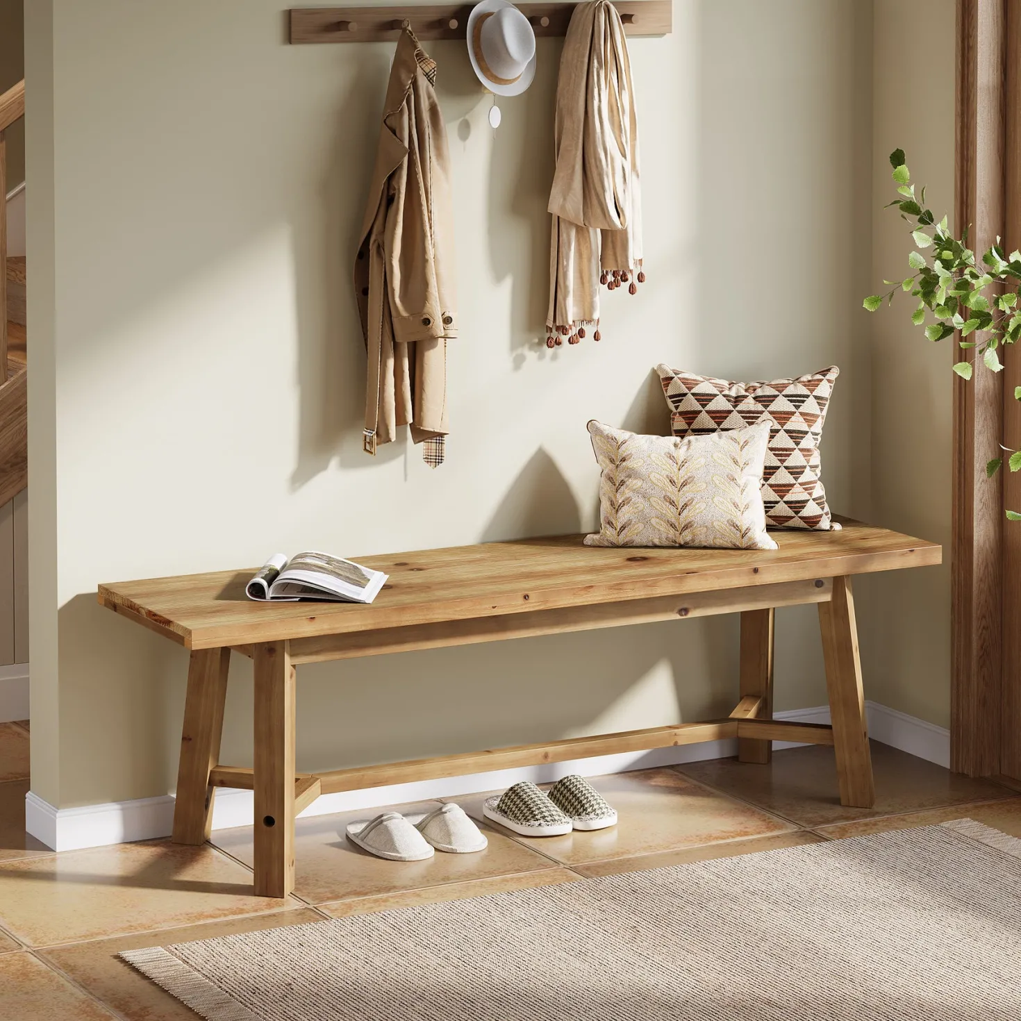 55" Solid Wood Bench, Farmhouse Long Bench Seat for Entryway