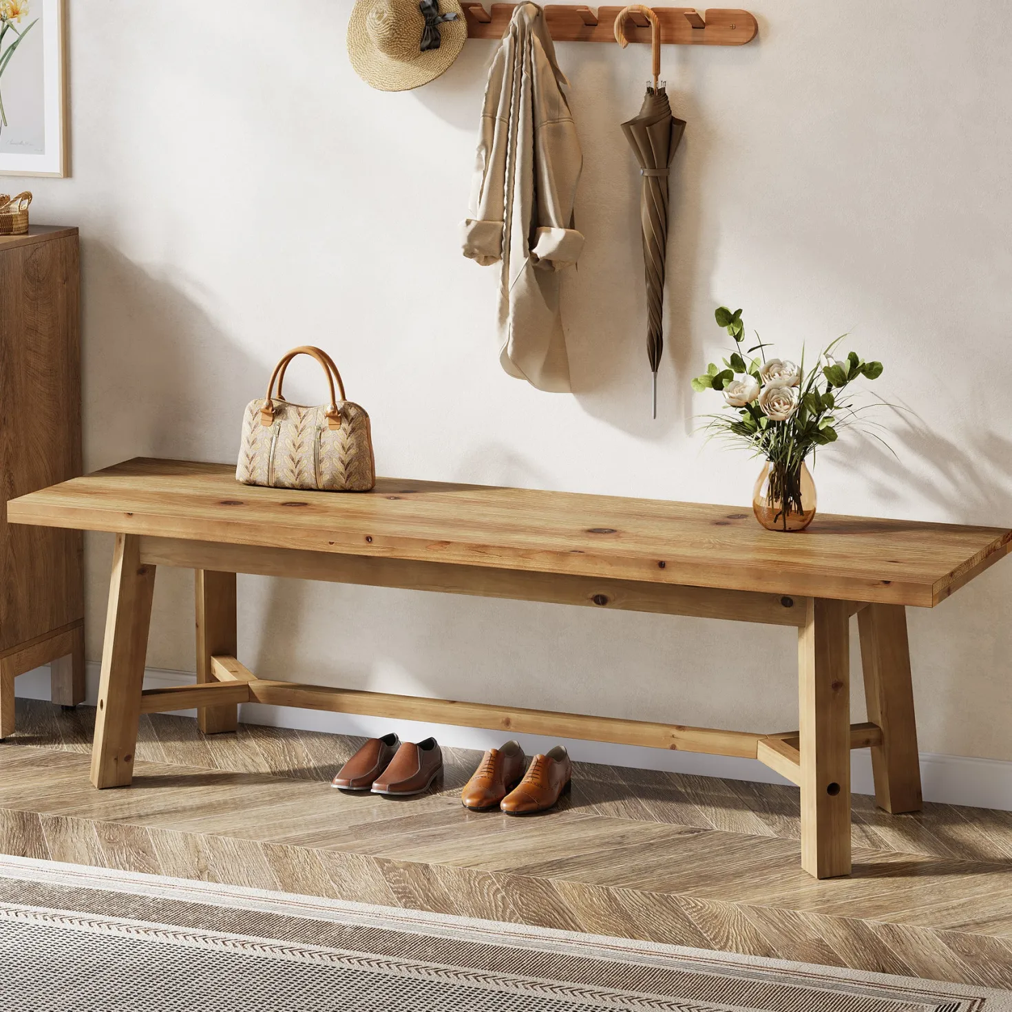 55" Solid Wood Bench, Farmhouse Long Bench Seat for Entryway