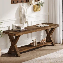 43.3" Solid Wood Bench, Farmhouse Entryway Bench with Storage Shelf
