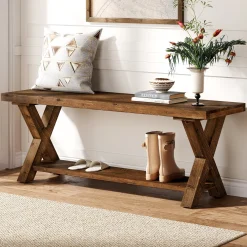 43.3" Solid Wood Bench, Farmhouse Entryway Bench with Storage Shelf