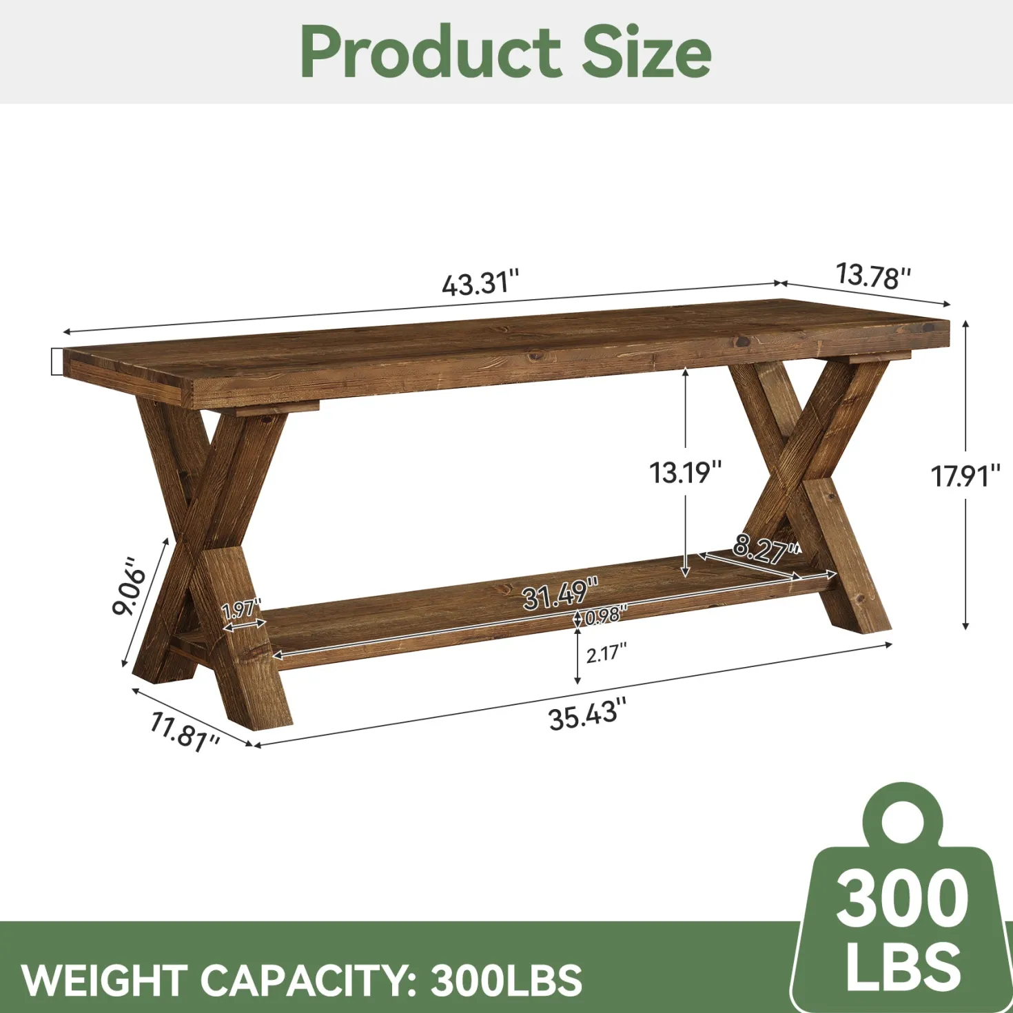 43.3" Solid Wood Bench, Farmhouse Entryway Bench with Storage Shelf