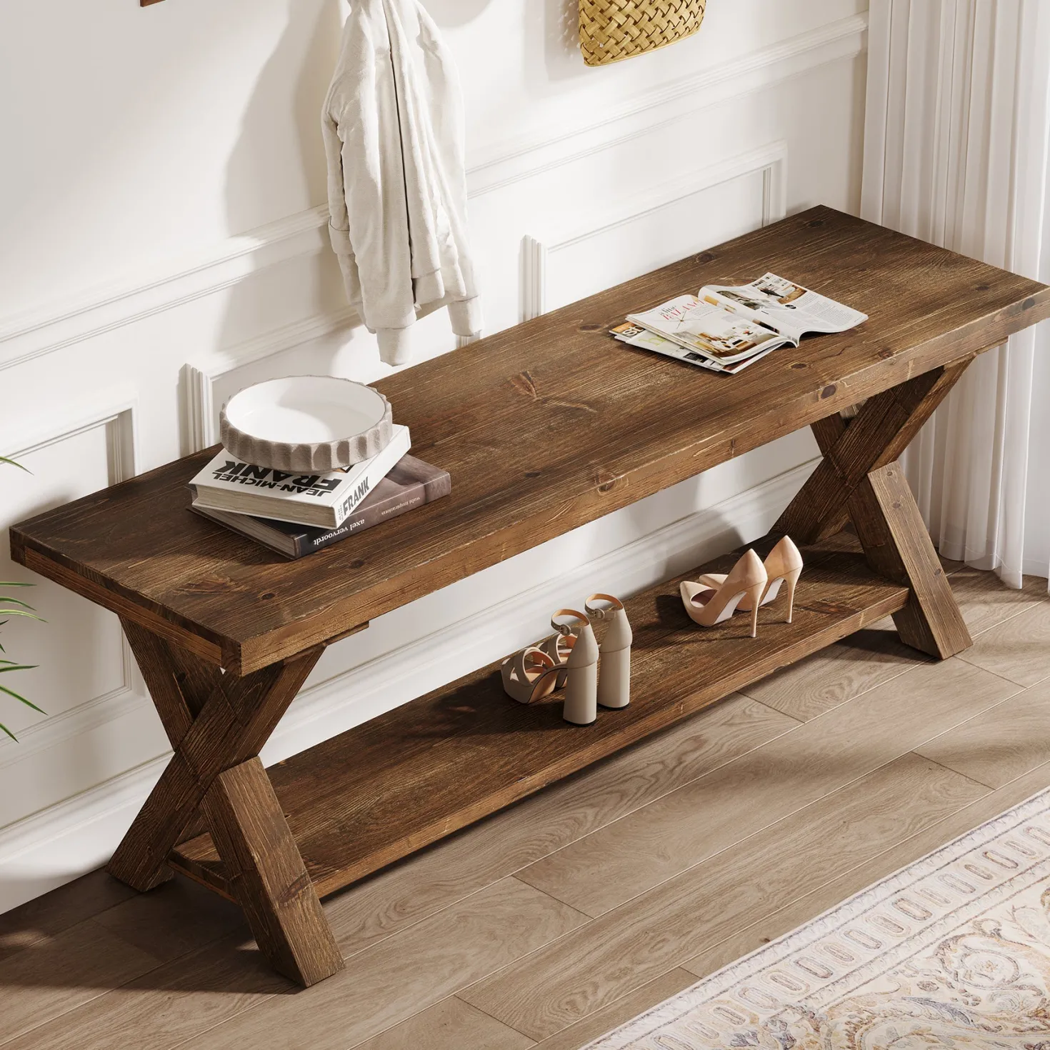43.3" Solid Wood Bench, Farmhouse Entryway Bench with Storage Shelf