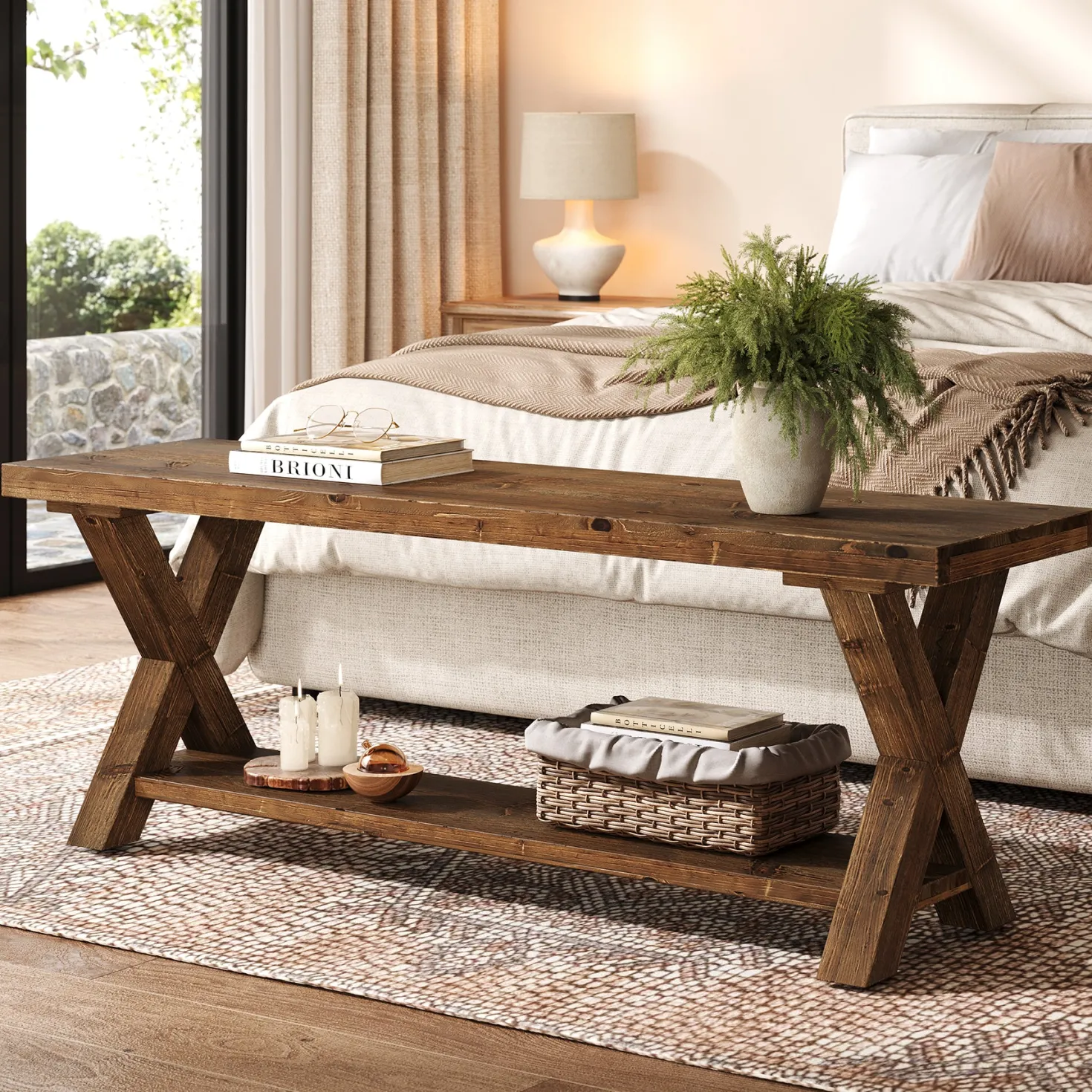43.3" Solid Wood Bench, Farmhouse Entryway Bench with Storage Shelf