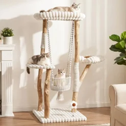 51" Solid Wood Cat Tree with Scratching Posts, Cat Tower with Swinging Basket, Washable Cushion, Dangling Toy