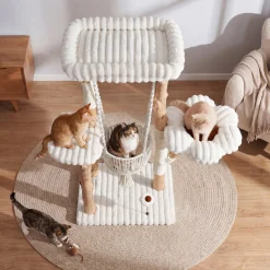 51" Solid Wood Cat Tree with Scratching Posts, Cat Tower with Swinging Basket, Washable Cushion, Dangling Toy