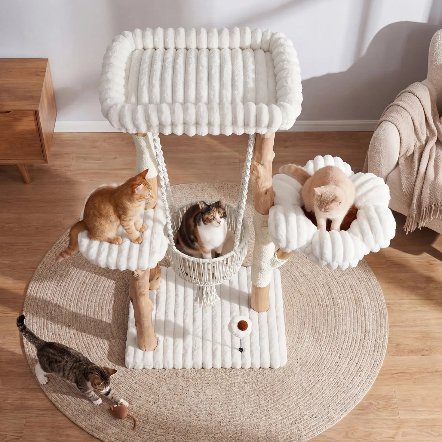 51" Solid Wood Cat Tree with Scratching Posts, Cat Tower with Swinging Basket, Washable Cushion, Dangling Toy