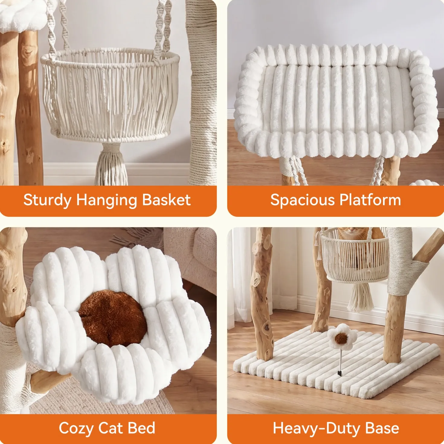 51" Solid Wood Cat Tree with Scratching Posts, Cat Tower with Swinging Basket, Washable Cushion, Dangling Toy
