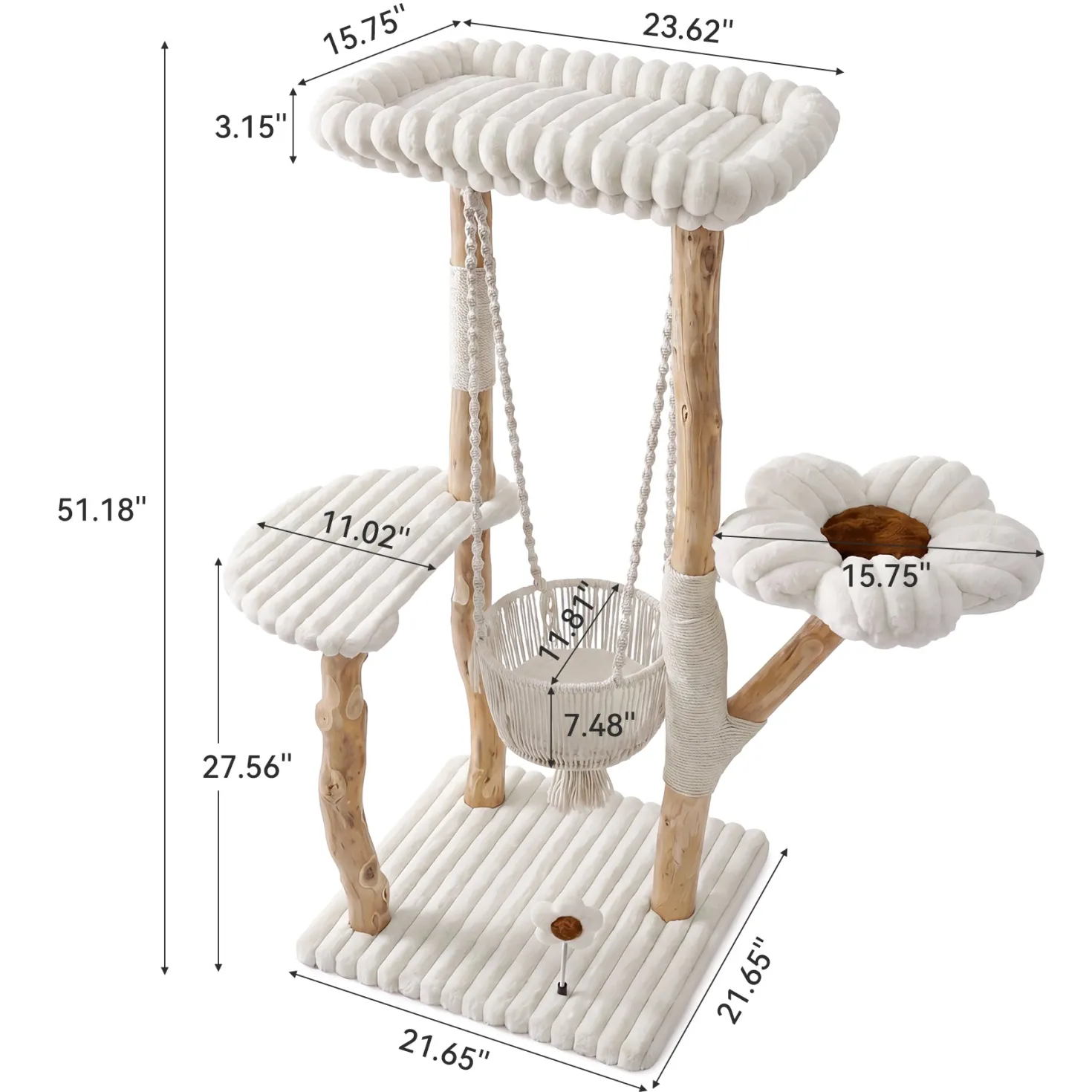 51" Solid Wood Cat Tree with Scratching Posts, Cat Tower with Swinging Basket, Washable Cushion, Dangling Toy