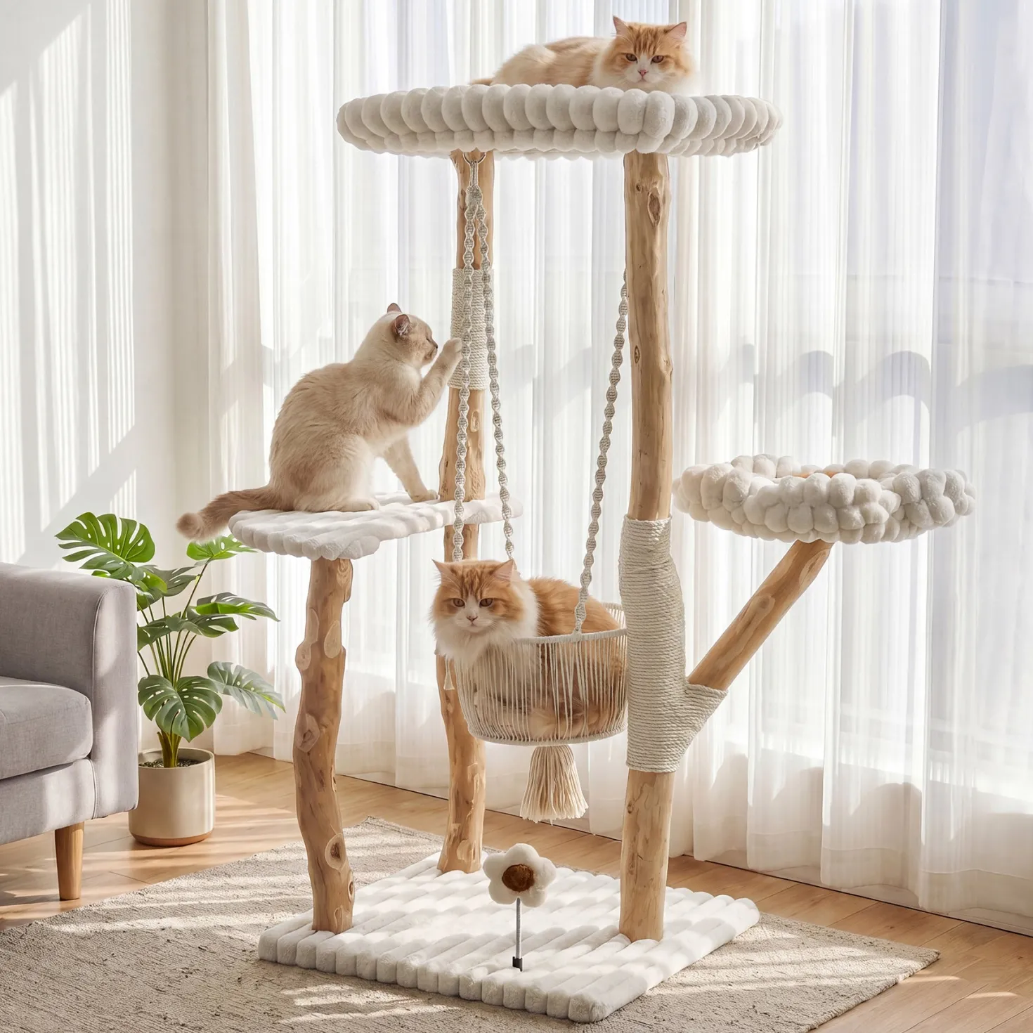 51" Solid Wood Cat Tree with Scratching Posts, Cat Tower with Swinging Basket, Washable Cushion, Dangling Toy