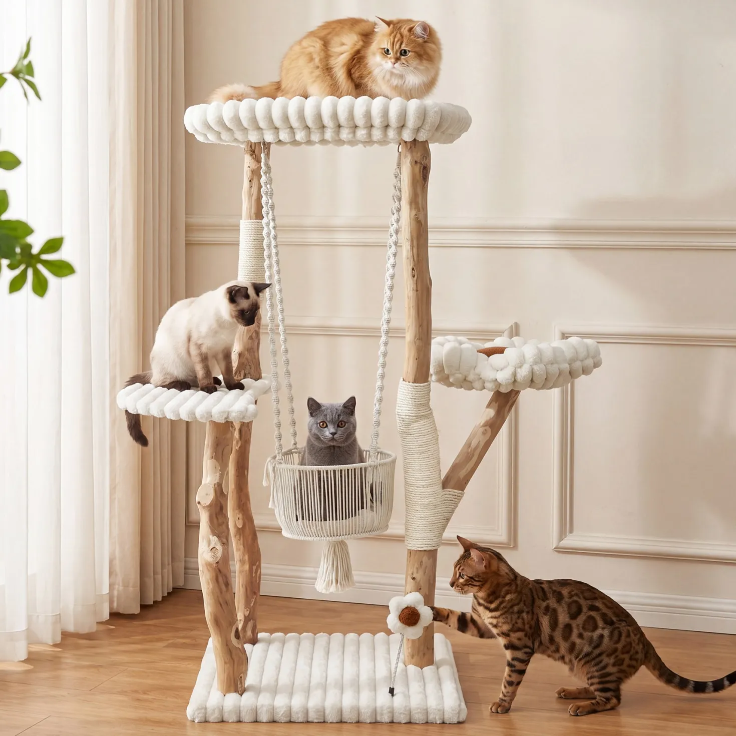 51" Solid Wood Cat Tree with Scratching Posts, Cat Tower with Swinging Basket, Washable Cushion, Dangling Toy