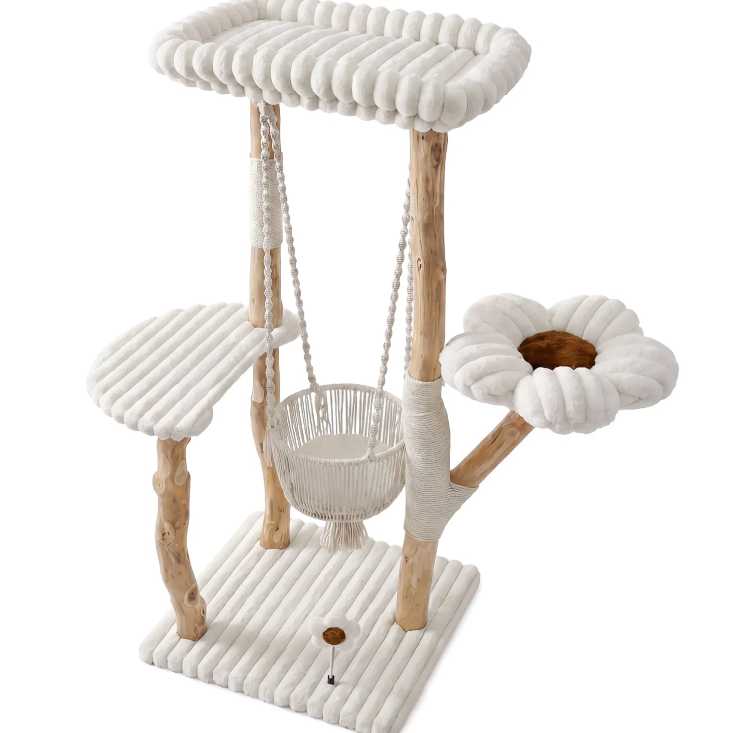 51" Solid Wood Cat Tree with Scratching Posts, Cat Tower with Swinging Basket, Washable Cushion, Dangling Toy