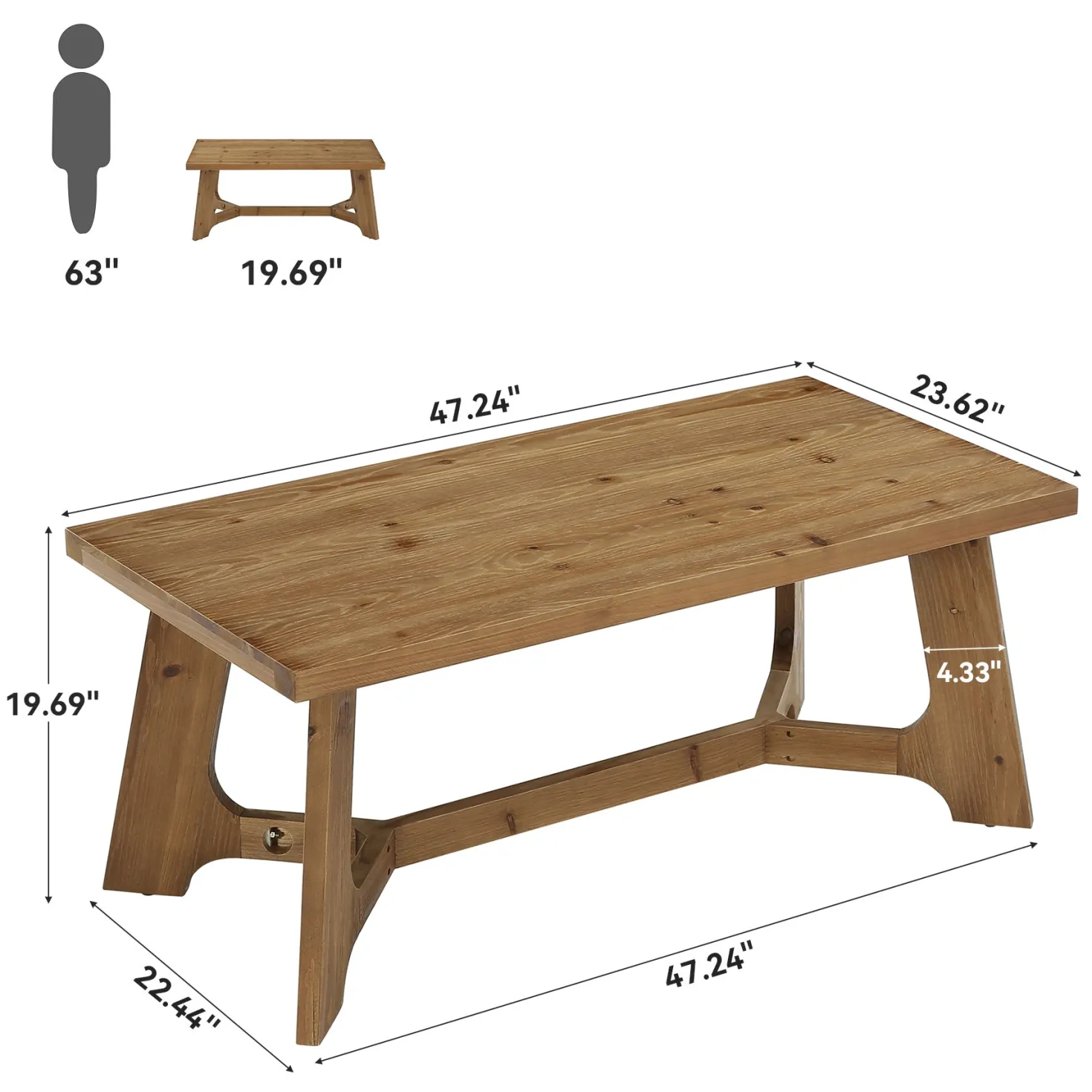 47" Solid Wood Coffee Table, Farmhouse Center Table for Living Room