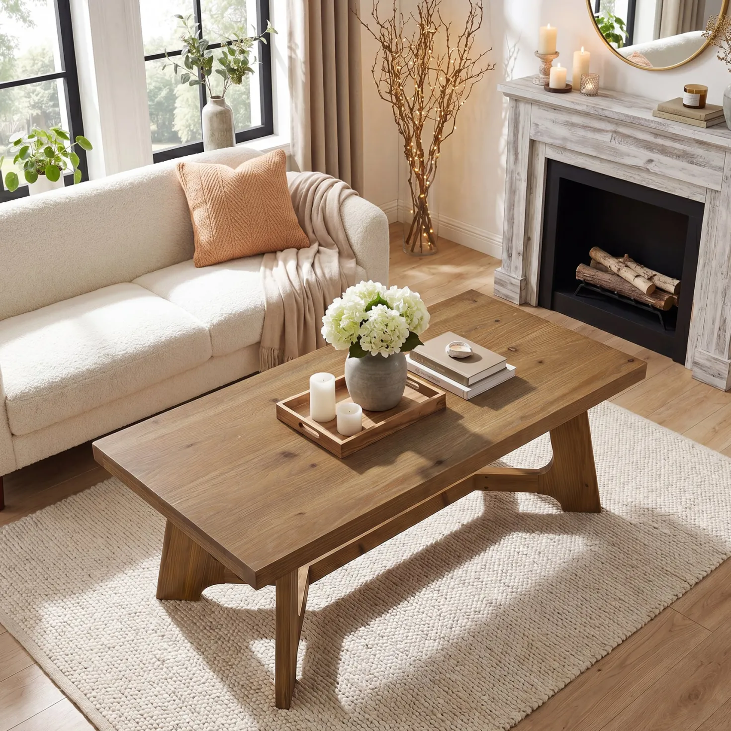 47" Solid Wood Coffee Table, Farmhouse Center Table for Living Room