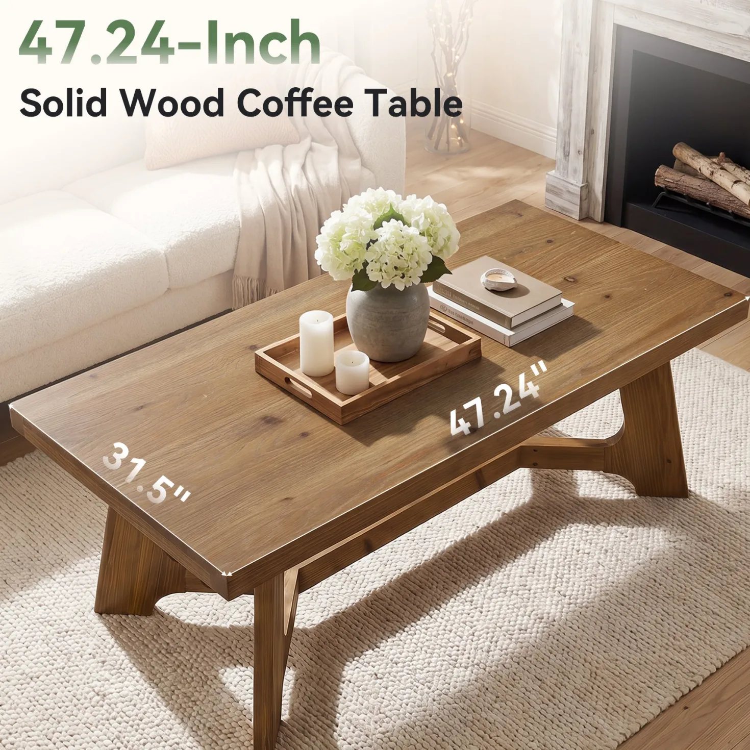 47" Solid Wood Coffee Table, Farmhouse Center Table for Living Room