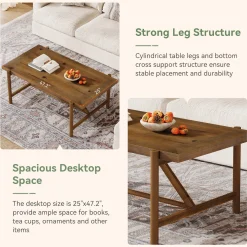 47" Solid Wood Coffee Table, Rectangular Center Tea Table with Column Legs