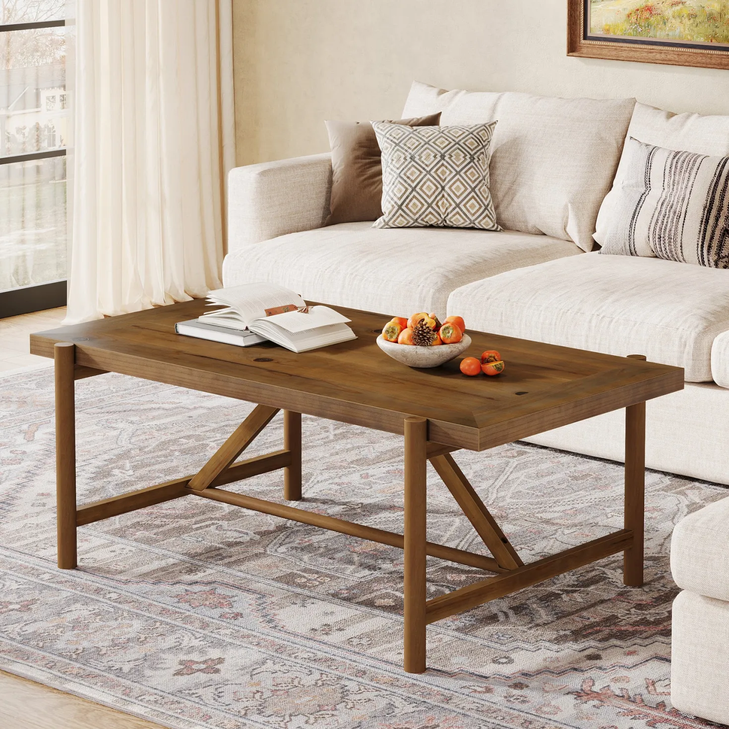 47" Solid Wood Coffee Table, Rectangular Center Tea Table with Column Legs