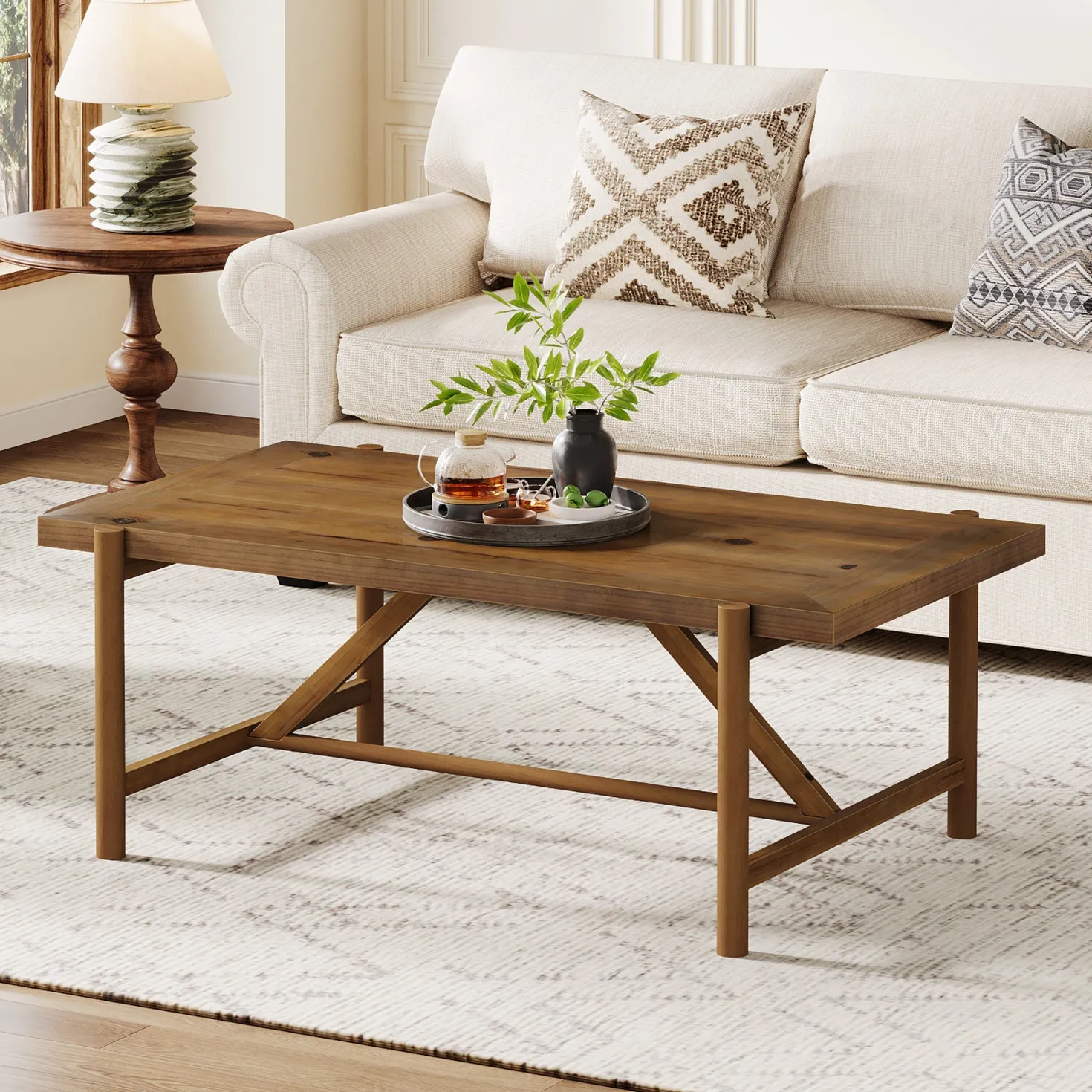 47" Solid Wood Coffee Table, Rectangular Center Tea Table with Column Legs