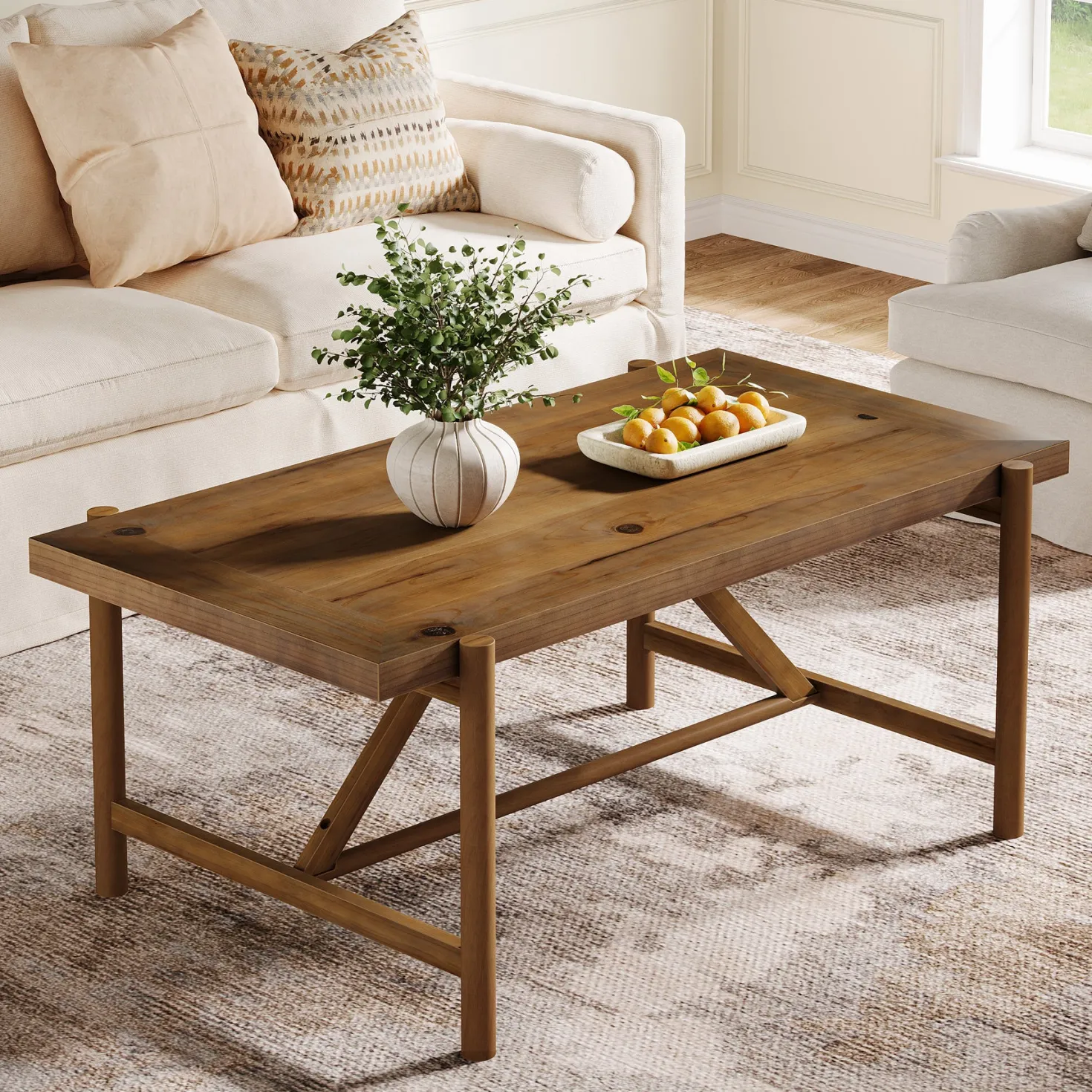 47" Solid Wood Coffee Table, Rectangular Center Tea Table with Column Legs
