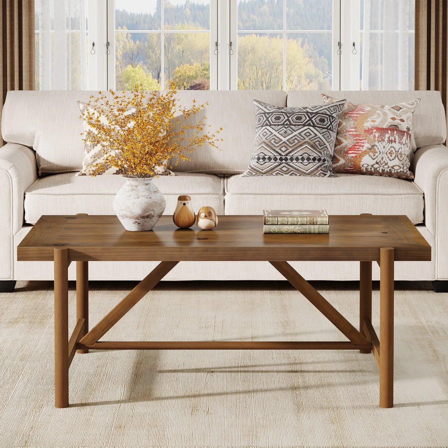47" Solid Wood Coffee Table, Rectangular Center Tea Table with Column Legs