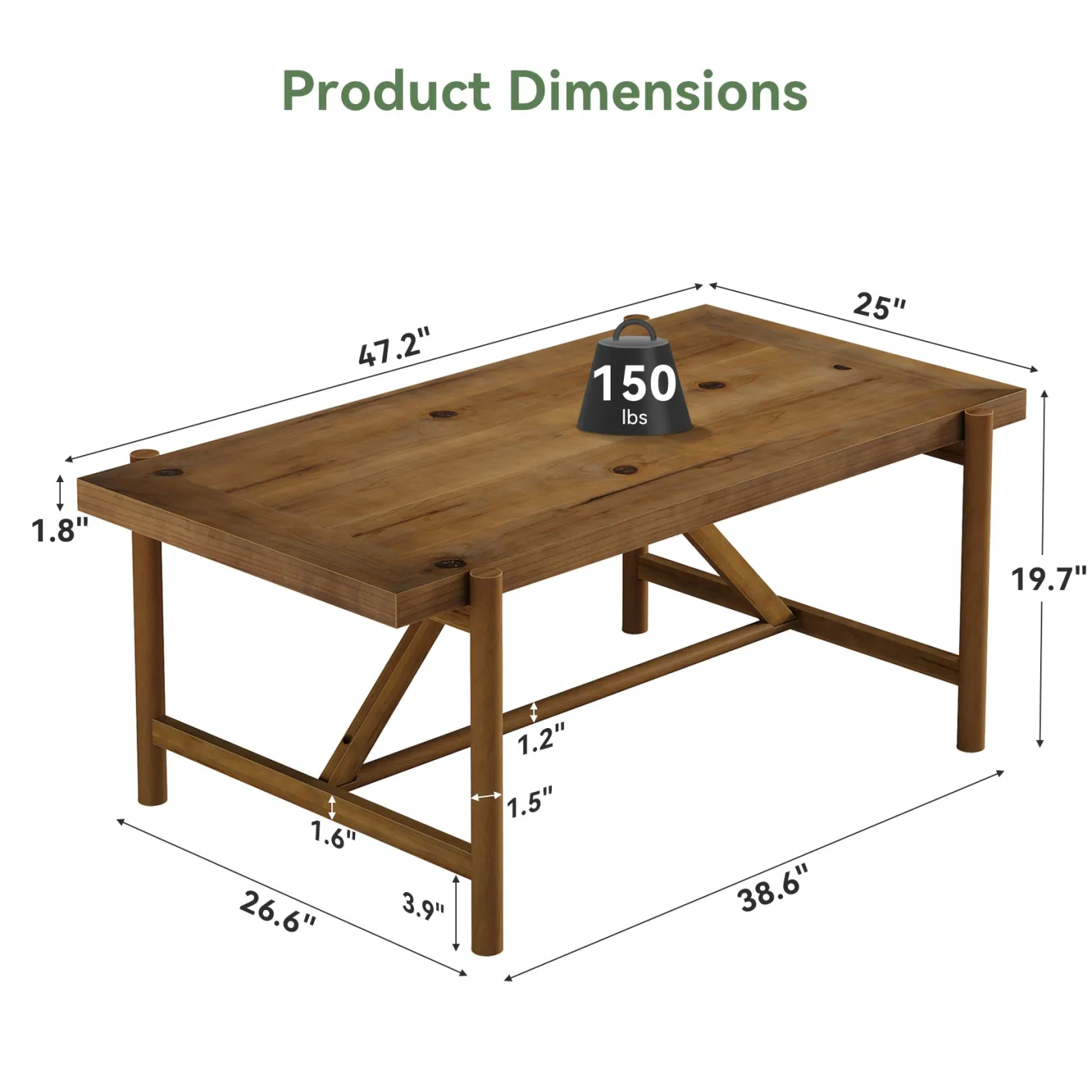47" Solid Wood Coffee Table, Rectangular Center Tea Table with Column Legs