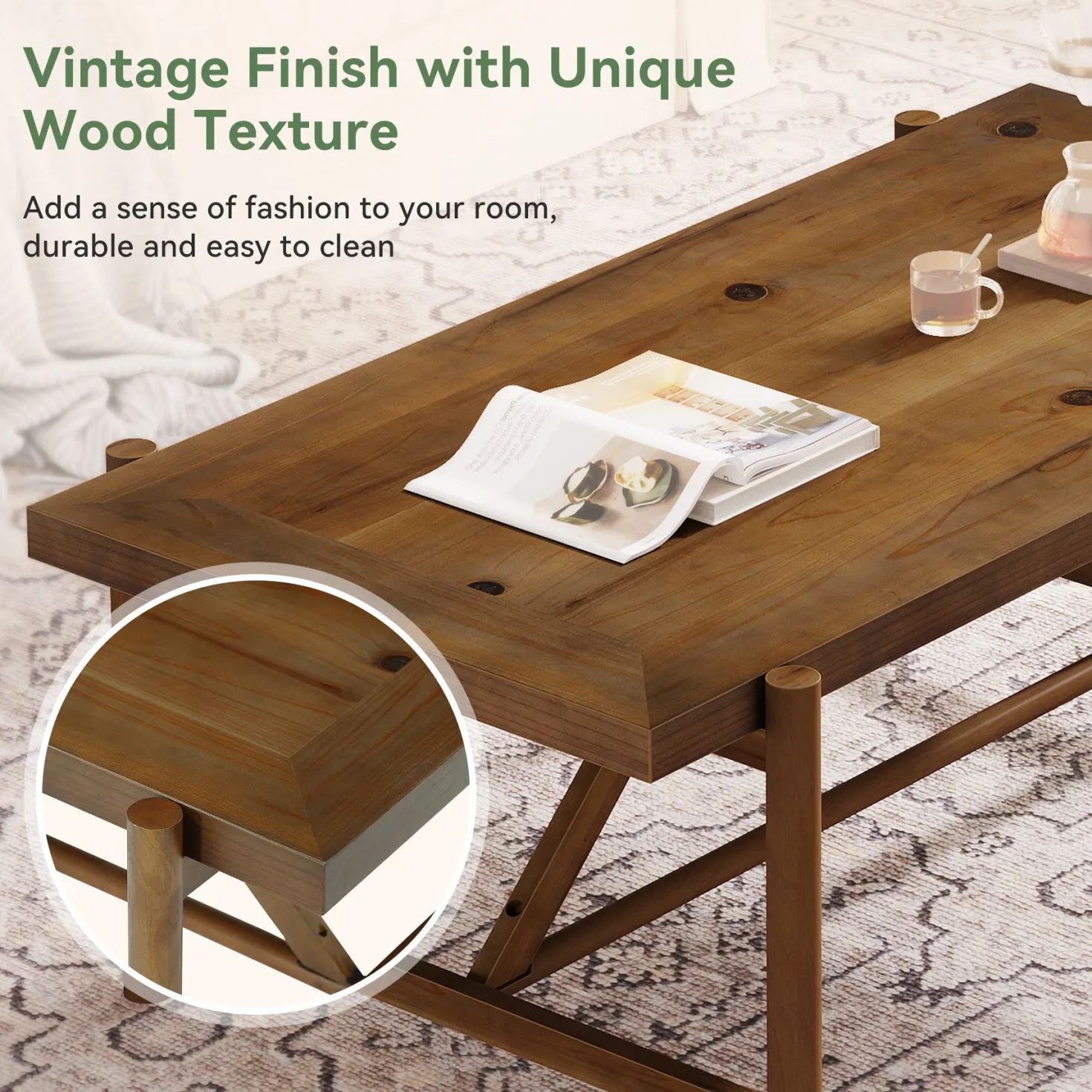 47" Solid Wood Coffee Table, Rectangular Center Tea Table with Column Legs