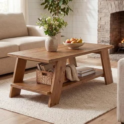 47" Solid Wood Coffee Table, 2-Tier Rectangle Center Table with Storage Shelf for Living Room