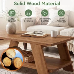 47" Solid Wood Coffee Table, 2-Tier Rectangle Center Table with Storage Shelf for Living Room