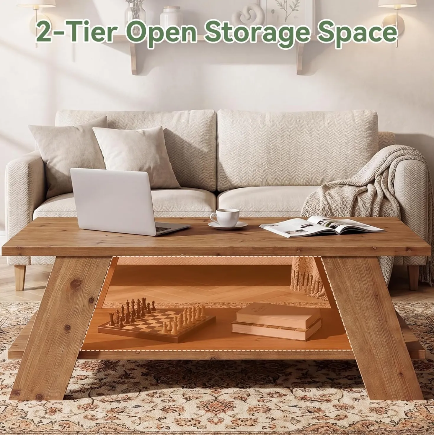 47" Solid Wood Coffee Table, 2-Tier Rectangle Center Table with Storage Shelf for Living Room