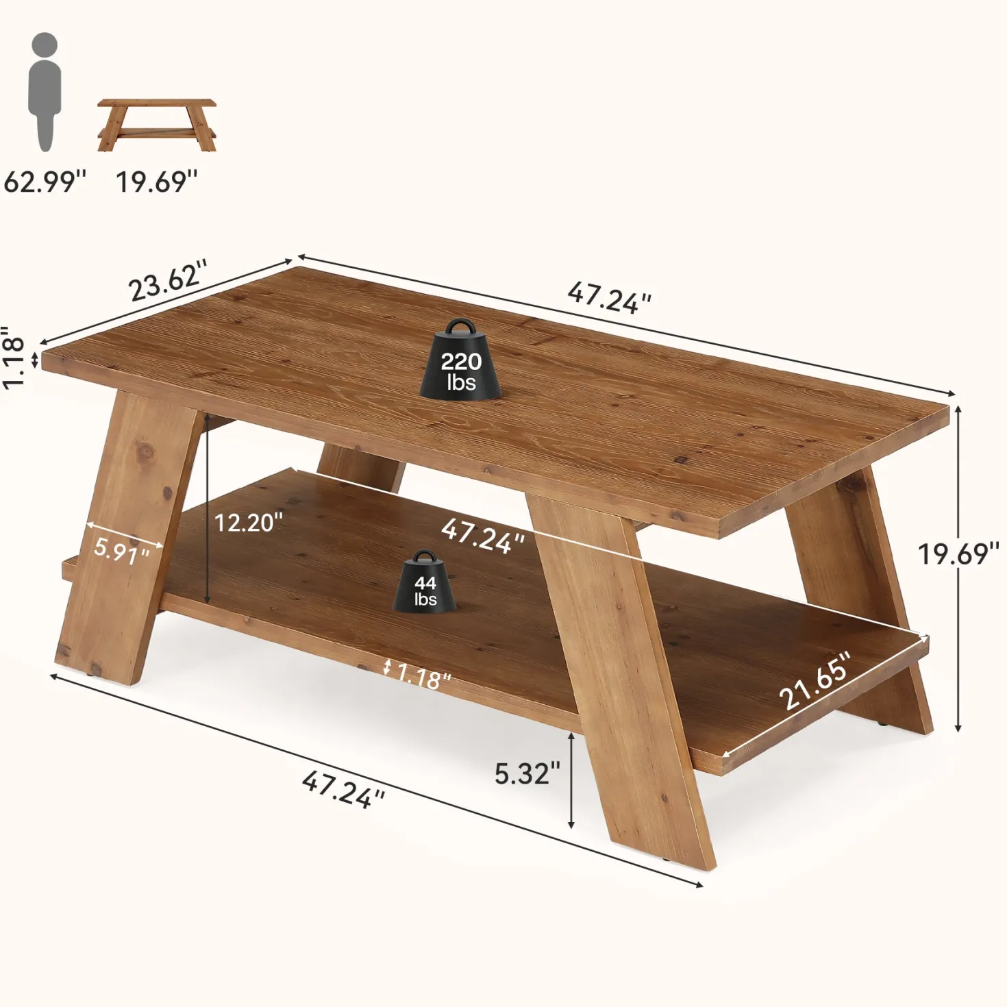 47" Solid Wood Coffee Table, 2-Tier Rectangle Center Table with Storage Shelf for Living Room